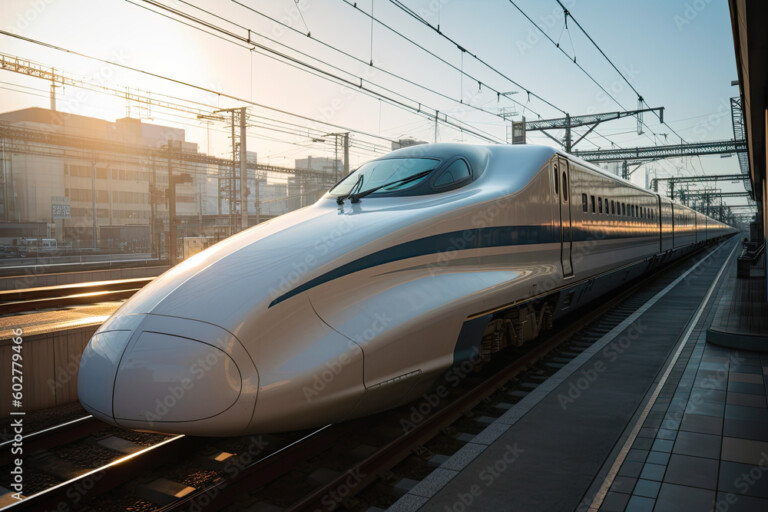 Shinkansen bullet train at a station, generative AI